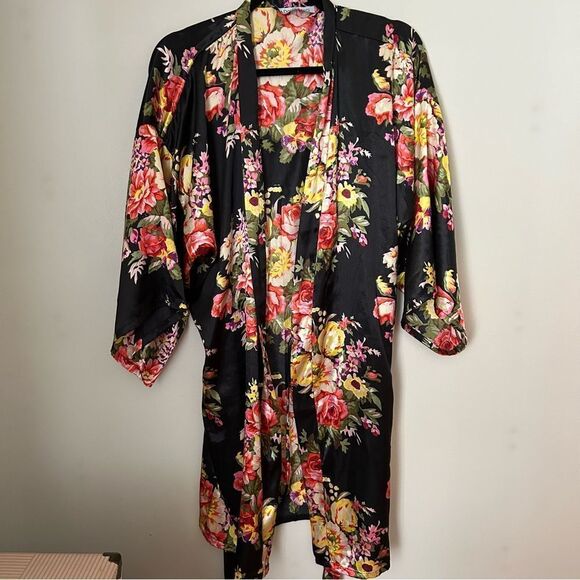 Ladygang Robe Floral Print Black Sleepwear Casual Neutral Adjustable one size - Picture 4 of 11